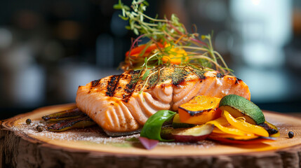 A side view of grilled salmon and vegetables garnished with sprouts