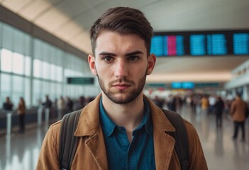 Fototapeta premium Young male traveler with backpack waiting at the airport departure terminal
