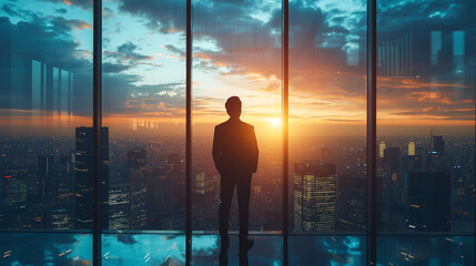 A businessman in a sharp suit in a modern office, looking out a large window, lit by natural daylight, with a city skyline in the background.