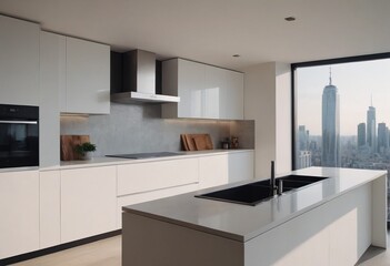 Fototapeta na wymiar Stunning Modern Minimalist Kitchen with Panoramic City View and Stylish Design