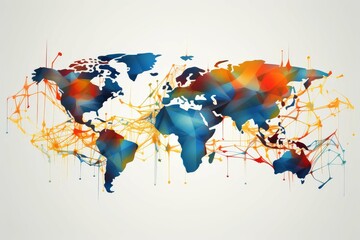 An abstract representation of a colorful world map interconnected with digital network lines, highlighting concepts of globalization, international connectivity, and modern communication.