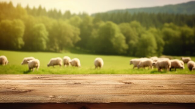 The empty wooden brown table top with blur background of sheep pasture. Exuberant image. generative AI