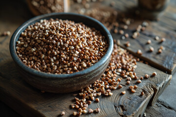 buckwheat groat raw in bowl on wooden countertop, selective focus