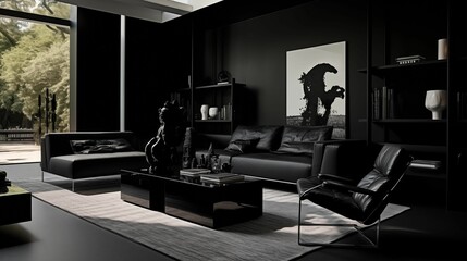 Black Living Room, Modern House Furniture. Generative AI