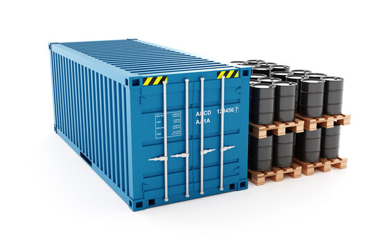 Blue shipping container with black fuel barrels isolated on white background. Oil industry. Transportation concept. 3d-rendering