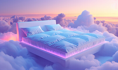 A comfortable cozy bed surrounded by fluffy clouds. perfect relaxing bedtime - obrazy, fototapety, plakaty