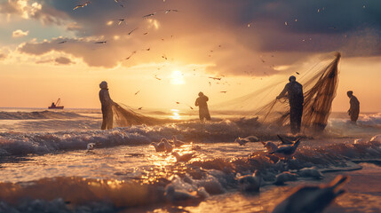 Fishermen pull out nets on the beach at dawn, and birds fly overhead