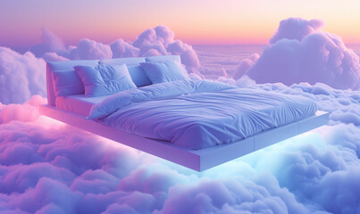 A comfortable cozy bed surrounded by fluffy clouds. perfect relaxing bedtime