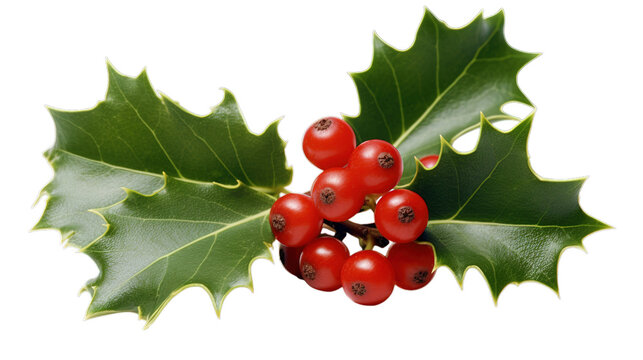 Holly Berries, Spring of holly isolated on transparent background, Generative ai.