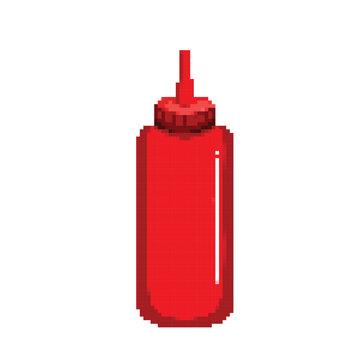 Hot chili or tomato red sauce plastic bottle packaging. Pixel bit retro game styled vector illustration drawing. Simple flat cartoon drawing.