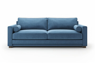 A a full-body, front, and close-up view of a single Bauhaus-inspired sofa with a serene blue linen upholstery. Maintain clean lines, geometric shapes, and a minimalist silhouette in the design.