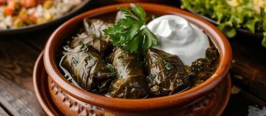 Eastern European cuisine's Dolma, served with sour cream on a dish.