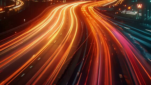 As the camera slowly zooms out the intricate patterns of car light trails become more apparent showcasing the organized chaos of the citys roads and the synchronized movements