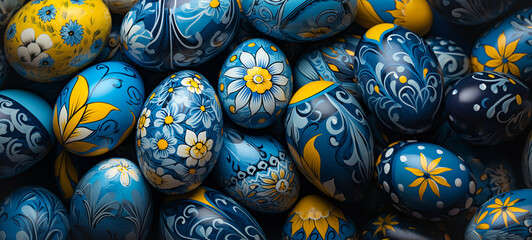 Easter Eggs banner with beautifully detailed floral patterns. Yellow and blue spring flowers hand painted on colorful Easter eggs. Banner panorama by Vita - obrazy, fototapety, plakaty