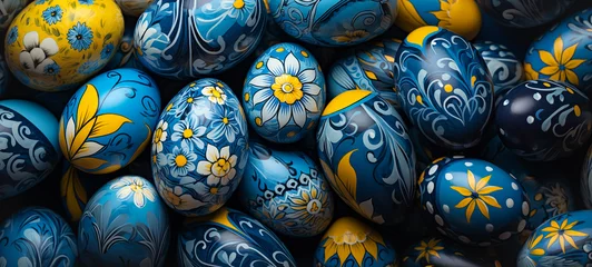 Tuinposter Easter Eggs banner with beautifully detailed floral patterns. Yellow and blue spring flowers hand painted on colorful Easter eggs. Banner panorama by Vita © Vita