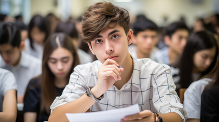 Student is passing an exam, sitting in the lecture hall. Concept of education