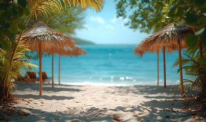 A sandy tropical beach adorned with palm trees and overlooking the ocean. The scene features a serene tropical beach with blue waters, sun shades, and swaying palm leaves.