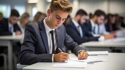 Man in a suit signing a document. Concept of business or education