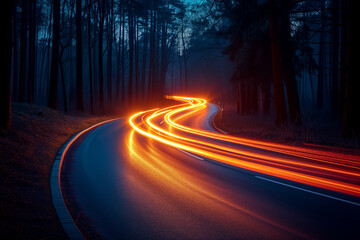 orange color car lights at night, mountain road in forest, long exposure - obrazy, fototapety, plakaty