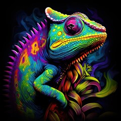 Obraz premium Blacklight painting-style chameleon, chameleon pop art illustration