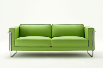 Isolate a lime sofa with close-up and front view on a white background, emphasize clean lines, geometric shapes, and a minimalist silhouette, use materials like steel or chrome for a modern touch.