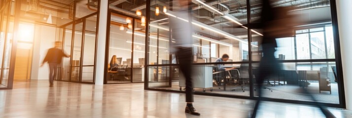 Blurred motion of people walking in a modern office