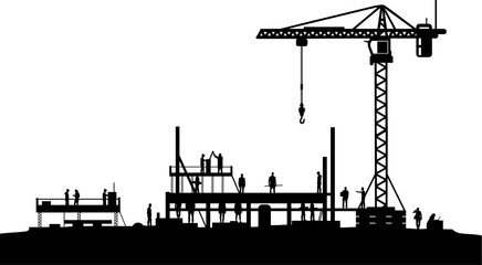 Vektor Silhouetten Bauindustrie - Gebäude Baustelle mit Baukran und Arbeitern - Bau Projekt Phase Rohbau - Architekt