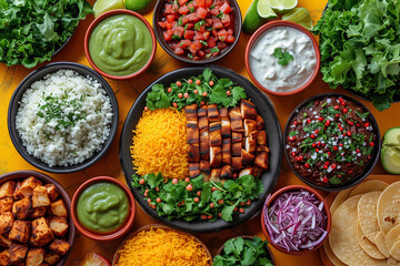 Mexican festive food, chiles en nogada, tacos al pastor, chalupas pozole, tamales, chicken with mole poblano sauce, top view, yellow background