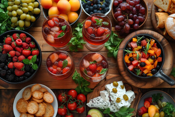 Spanish tapas and sangria, vegetables and fruits, cheese, on wooden table, top view