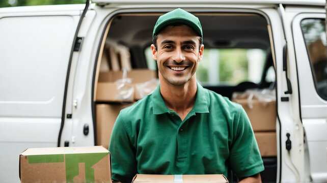 Smiling delivery man in green uniform standing in front of his white van from Generative AI