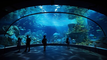 Silhouettes of people admiring and watching a variety of marine life, whale sharks and fish in a large aquarium.