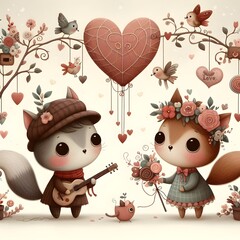 Whimsical cute wedding couple valentine illustration