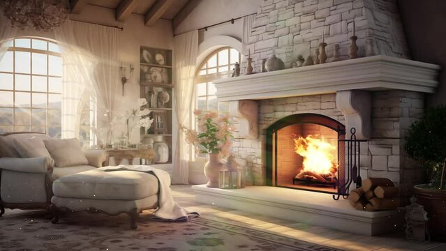 modern living room with fireplace. fireplace in the light interior of home. seamless looping overlay 4k virtual video animation background 