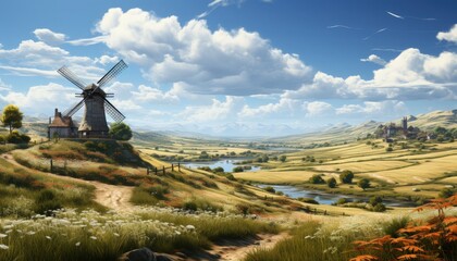 A traditional windmill in a breezy, open field
