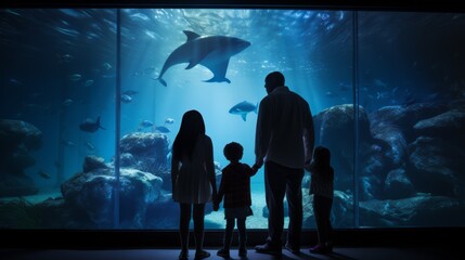 Rear view Silhouettes of a family with children admiring and watching a variety of marine life,...