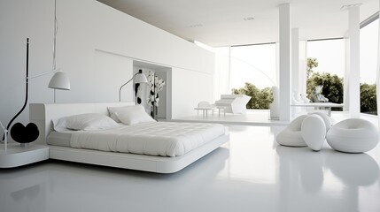 White Bedroom, Modern Monochrome White Bedroom. Generative AI