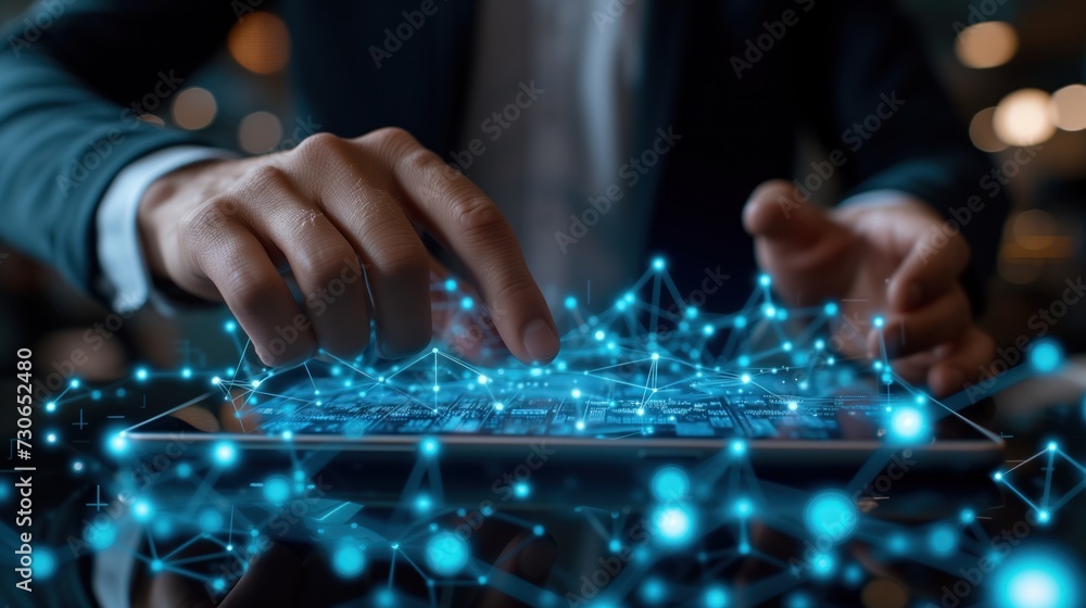 Poster businessman interacting with a futuristic tablet that illustrates interconnected blockchain nodes, f