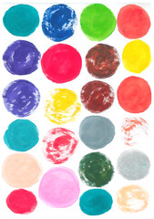 Set of multicolored watercolor circles of blue, red, yellow, green, orange and gray colors on white background - 730652693
