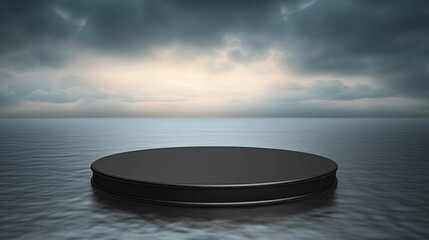 Blank round black podium stage on sea background. Mock up template for product presentation. copy space. - obrazy, fototapety, plakaty