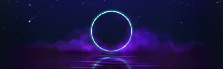Circle frame with blue neon light glow and purple smoke under calm water with ripples and reflection on dark starry background. Realistic vector illustration of luminous electric line led ring border.
