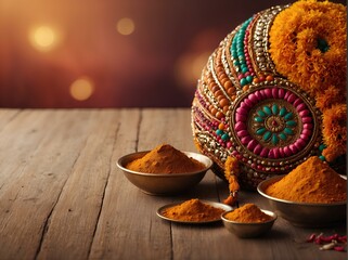 Festive Indian pot with turmeric and garlands. Vibrant, decorative, cultural style. Embodies Indian festivals and rituals. Ideal for design, banners, and advertising with copy space for text - obrazy, fototapety, plakaty