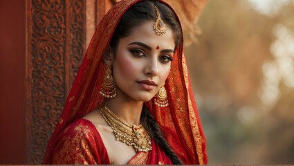 Portrait of a woman in a traditional Indian wedding dress against a background of bokeh lights. Ritual style.Indian New Year, wedding concept. Banner for design, greeting card with copy space for text