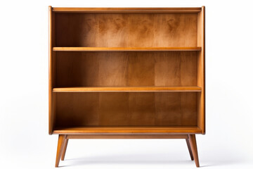 Present a full body shot of a single wooden mid-century modern bookshelf. front and close-up view,  isolated on a white background.