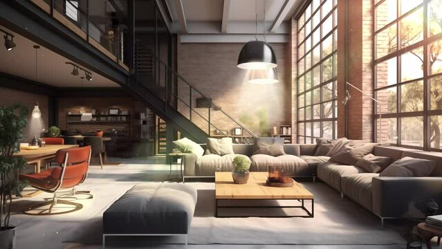  modern loft apartment 3d rendering. seamless looping overlay 4k virtual video animation background 