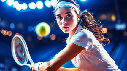 Focused Female Tennis Player Ready to Hit Ball.