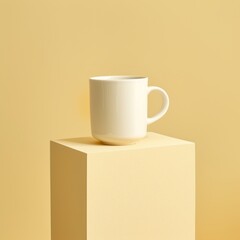 This simple white mug is displayed on a square base, set against a soft yellow background for a minimalist vibe