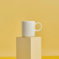 Contemporary white mug perfectly balanced on three stacked abstract spheres with soft lighting