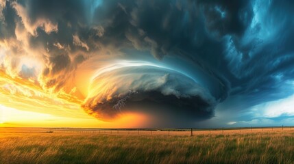 A beautifully structured supercell thunderstorm against a mesmerizing sunset sky, atmospheric drama unfolds, Ai Generated.