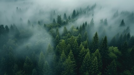 Aerial perspective captures fog shrouding dark pine forest trees, an ethereal landscape, Ai...