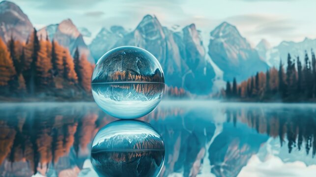 Abstract bubble reflects mountains and forest, creating a surreal landscape mirrored in a lake, Ai Generated